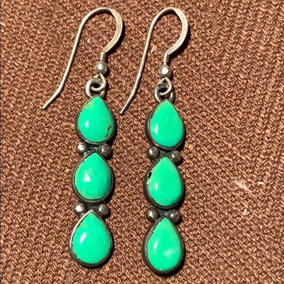 Hand Crafted Jewelry - Sterling green turquoise 3 teardrops dangling